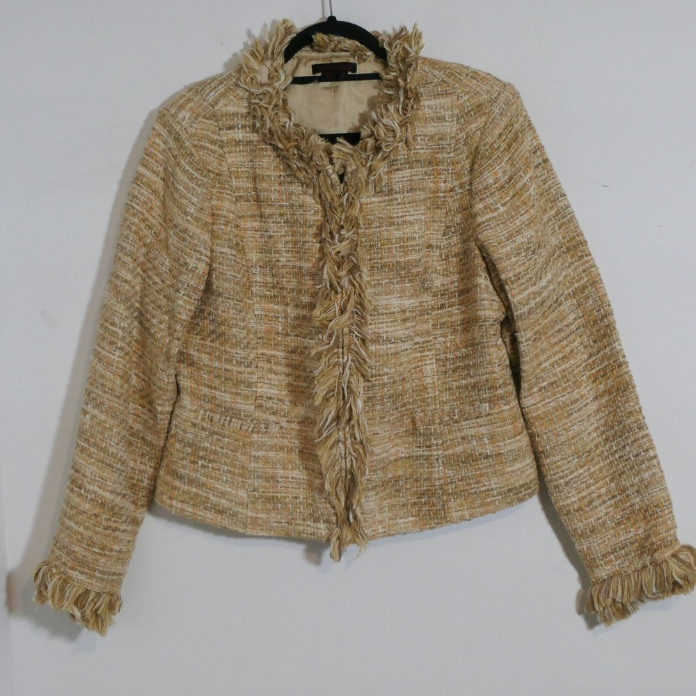 Simon Chang Womens Tweed Jacket 14 Tan Fringe Trim Zip Front Professional Chic
